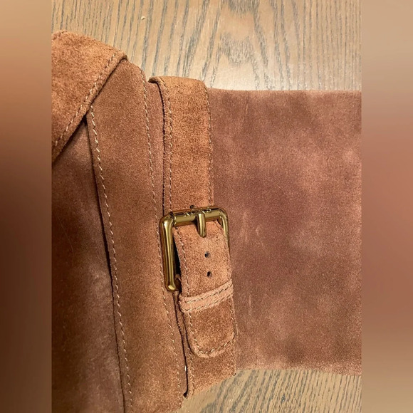 Michael Kors Tall Above The Knee Tan Suede Heeled Boots Gold Buckle Size 8 - Picture 3 of 10